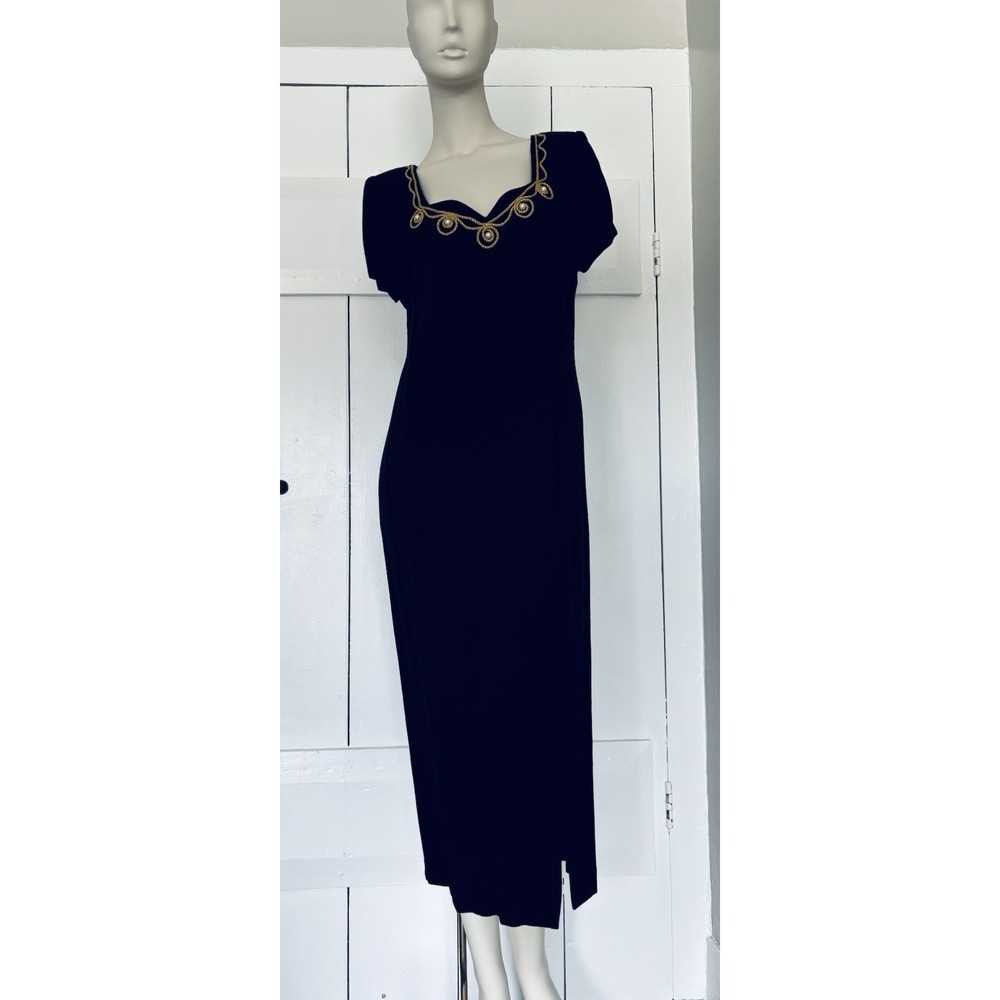Vintage Virgo II 90s Maxi Dress Womens Size 10 Blue Gold Front Slit - Old Money‎